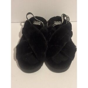 Madden NYC Slippers Womens 9 Crossband Slingback Platform Black Faux Fur OpenToe